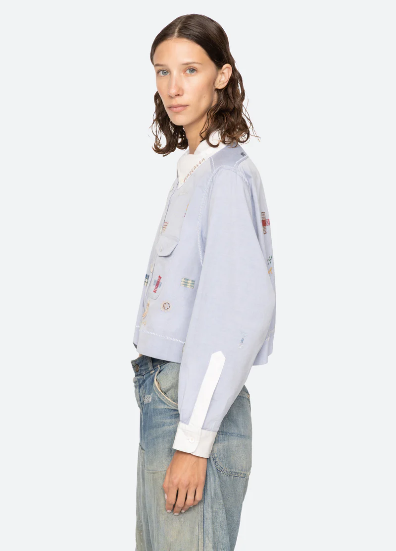 Women's Light Blue Cropped Embroidered Shirt