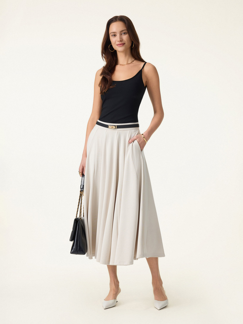 Women's Beige High-Waisted Pleated Midi Skirt