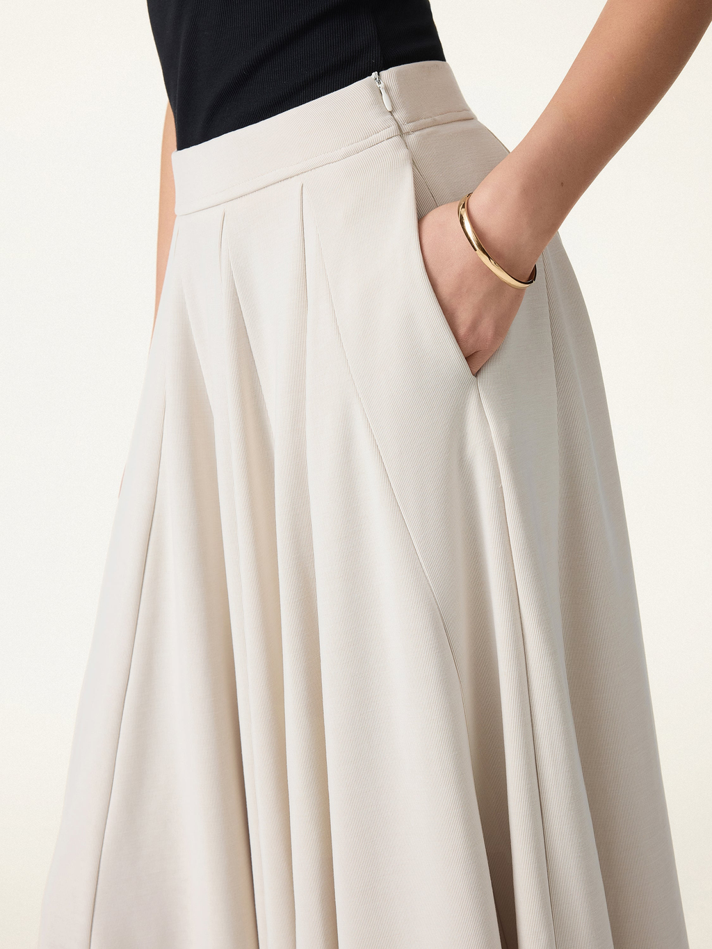 Women's Beige High-Waisted Pleated Midi Skirt