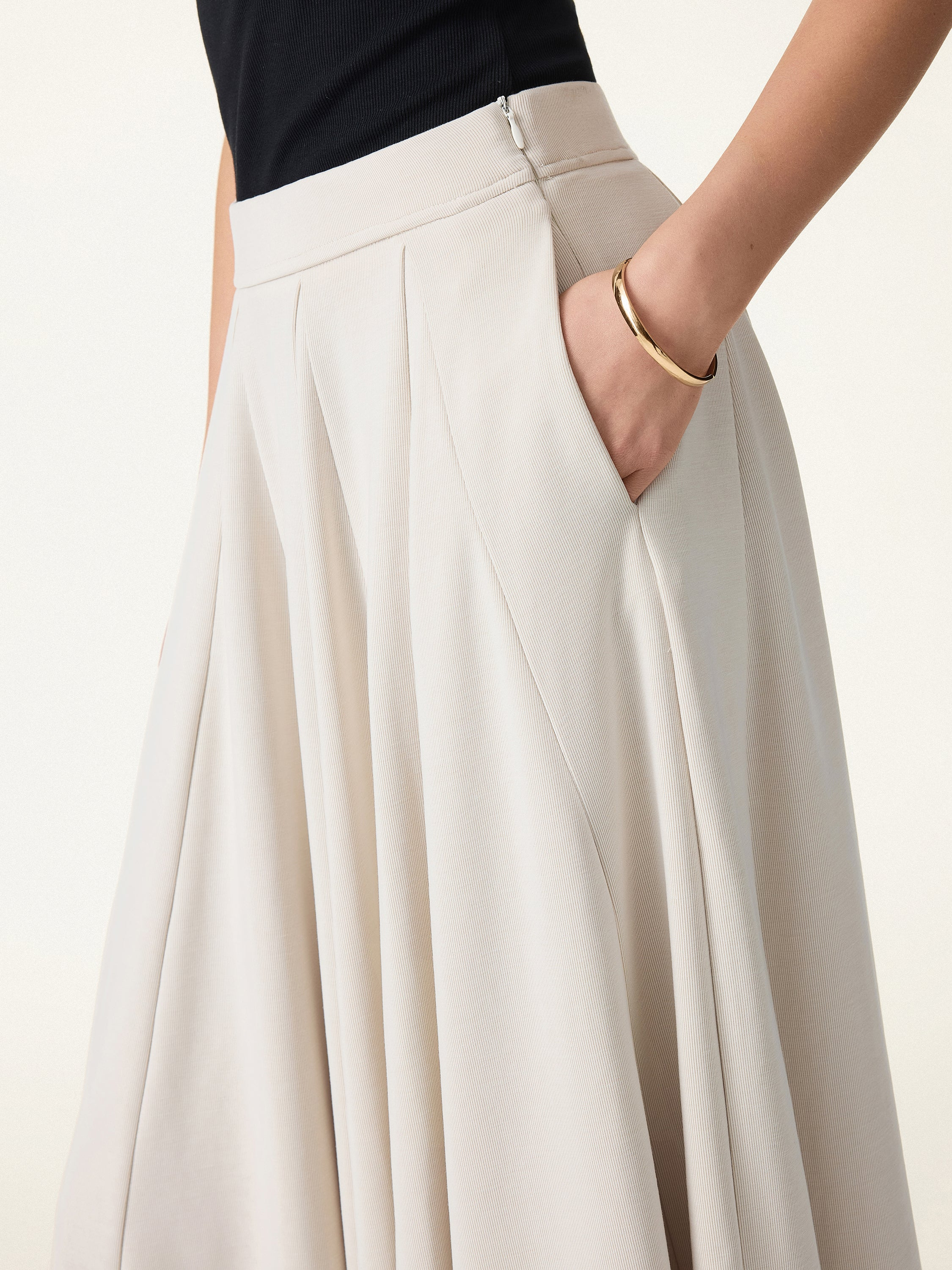 Women's Beige High-Waisted Pleated Midi Skirt
