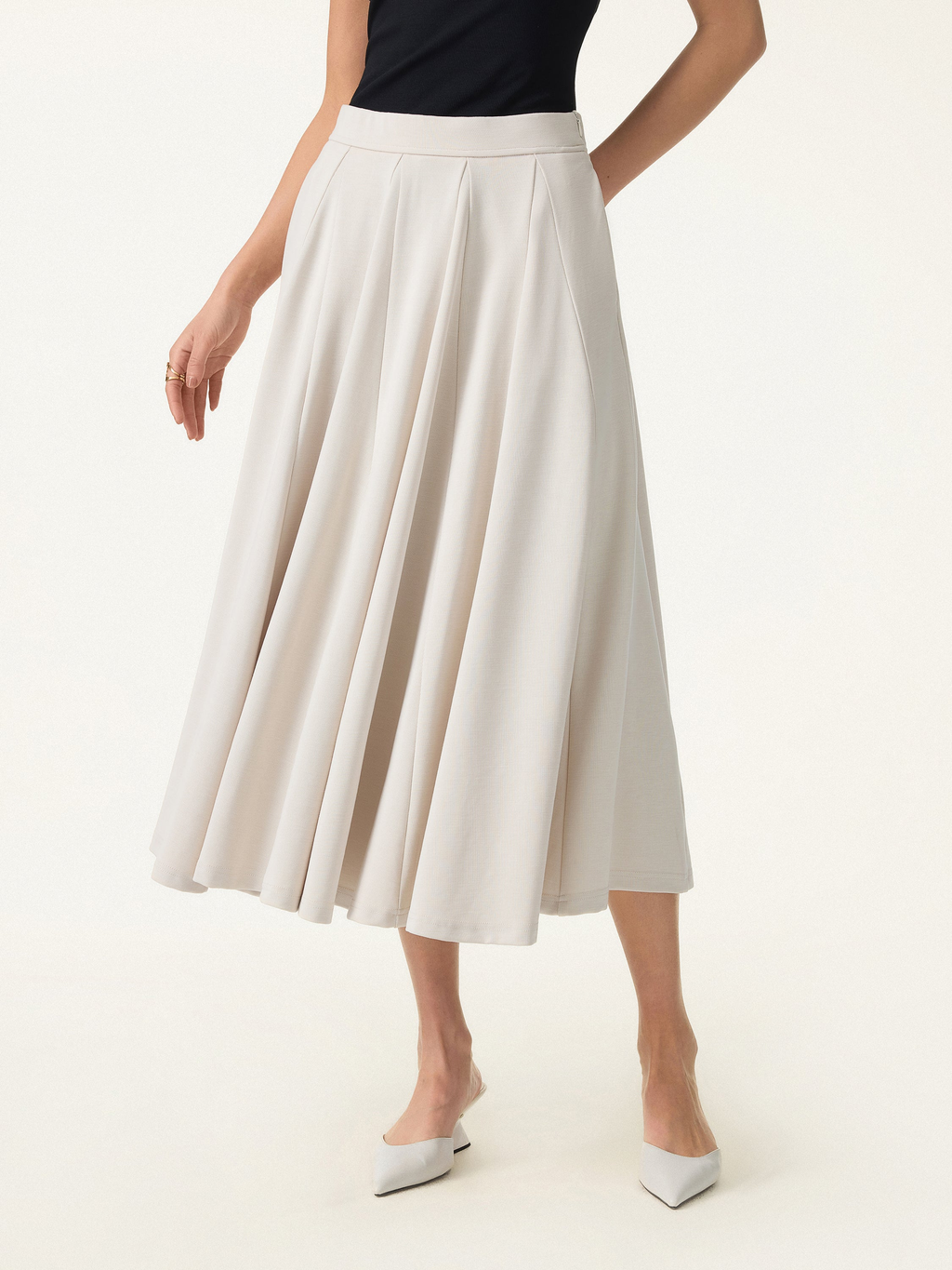 Women's Beige High-Waisted Pleated Midi Skirt