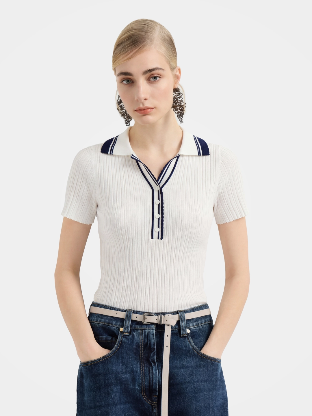Women's White Ribbed Knit Polo Top