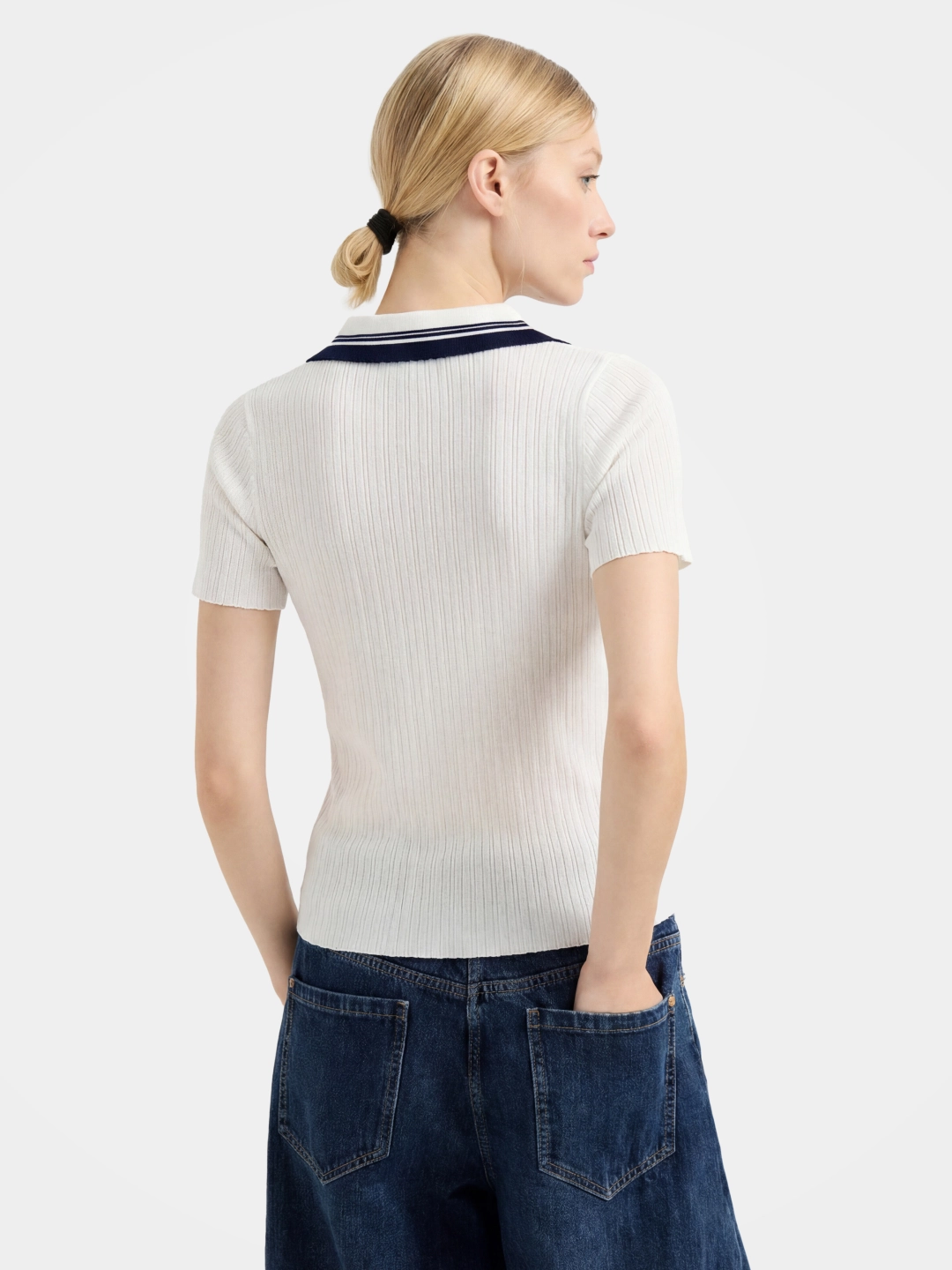 Women's White Ribbed Knit Polo Top