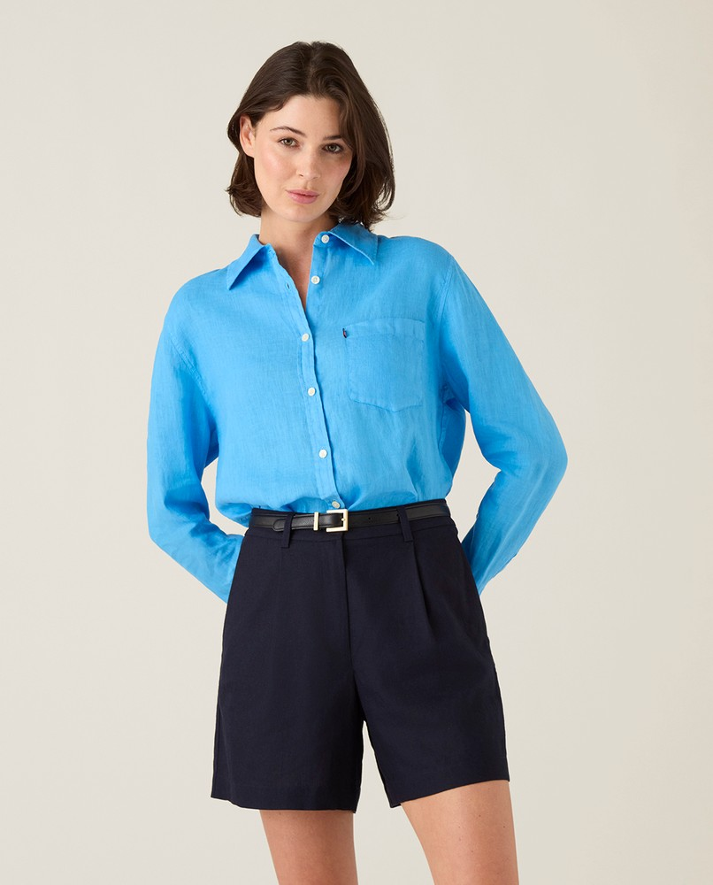 Women’s Blue Lightweight Button-Up Shirt Long Sleeve Relaxed Fit Casual Top