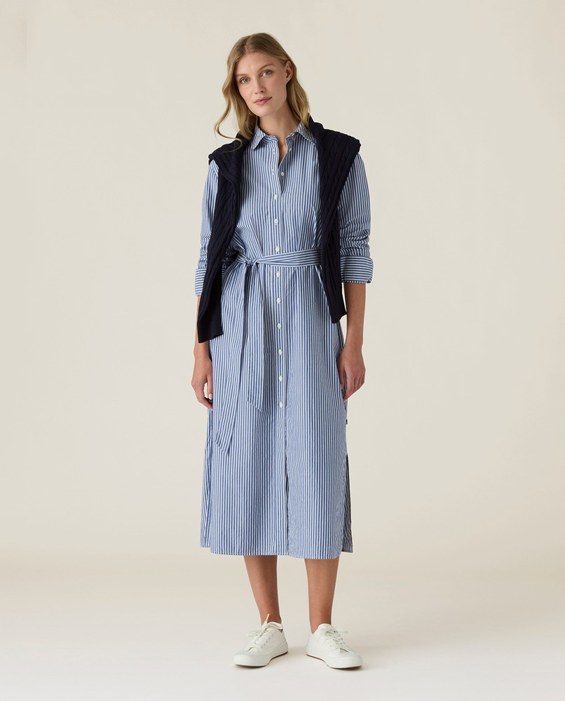 Women's Blue Striped Button-Up Midi Shirt Dress