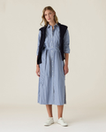 Women's Blue Striped Button-Up Midi Shirt Dress