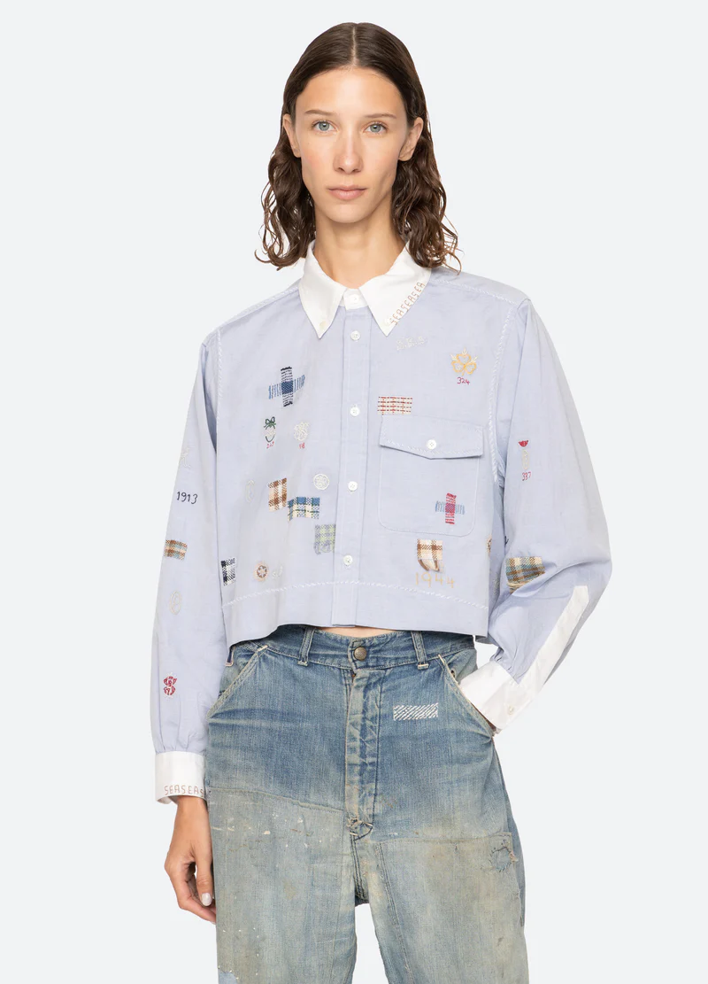 Women's Light Blue Cropped Embroidered Shirt
