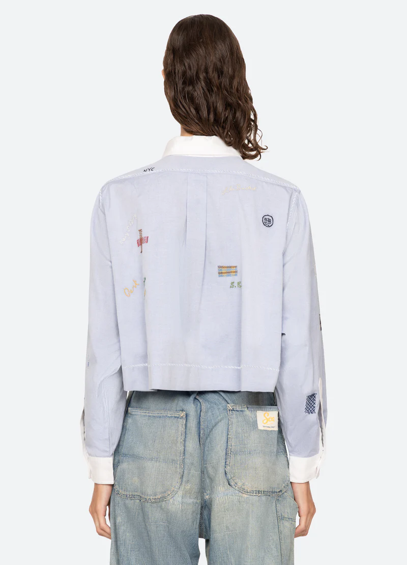 Women's Light Blue Cropped Embroidered Shirt